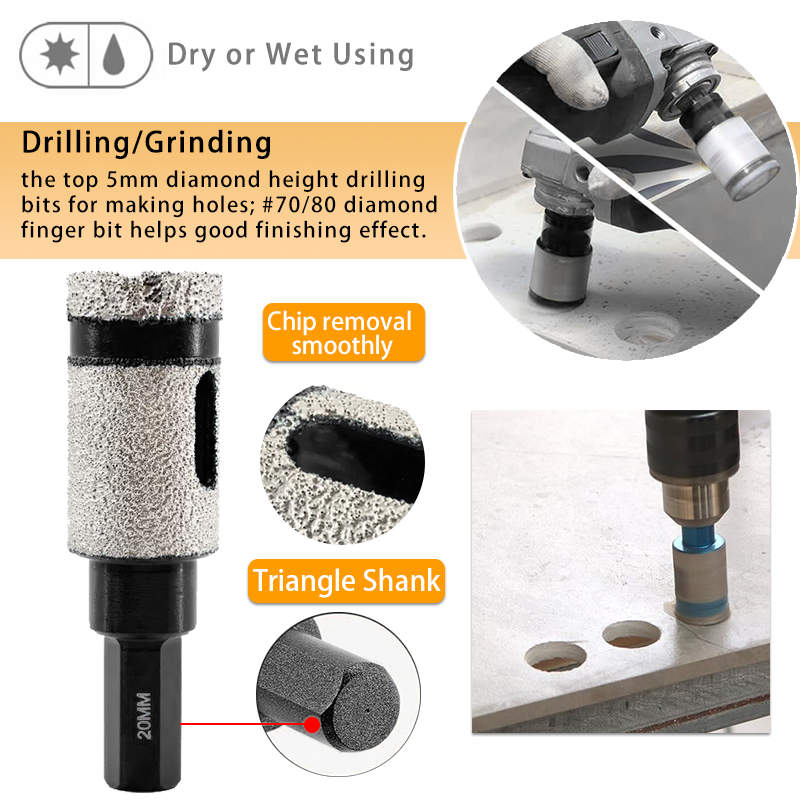 Johnson Tools 20/25mm  Diamond Finger Milling Bit with Triangle Shank for Porcelain Tile Ceramic Stone Granite Marble 5