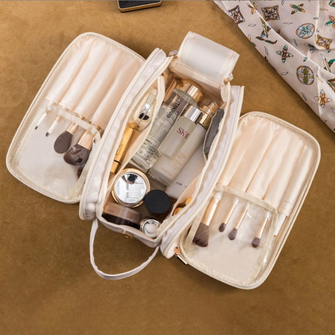 Novo portátil duplo zíperes saco de higiene pessoal à prova dwaterproof água viagem grande saco de maquiagem couro do plutônio rosa bolsa cosmética 1
