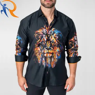 2024 Spring Autumn Male Singer Long Sleeve Fashion Lion Digital Print Slim Shirt Men's Lion Punk Style Shirt 1