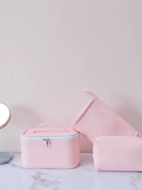 Bolsa de maquillaje de viaje impermeable con logotipo personalizado para mujer, bolsa de almacenamiento de belleza, Mini neceser, bolsas de cosméticos de maquillaje rosa para niñas 1