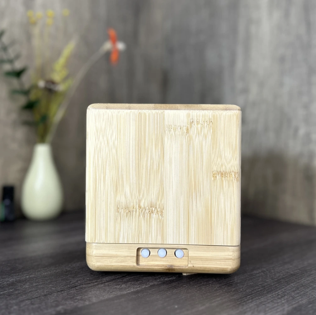 Hollow top metal part decor bamboo wood scent air cooling humidifier aroma fragrance room diffuser ultrasonic electric diffuser with warm white light 1