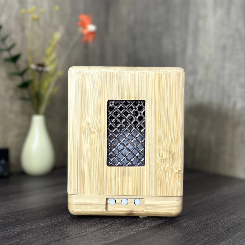 front metal decor rectangle bamboo essential oil fragrance electric diffuser ultrasonic scent home Spa aroma diffuser with warm white light 1