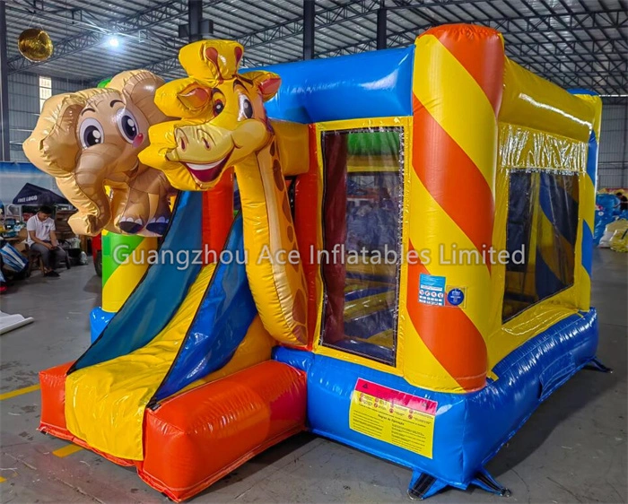 Animal Theme Inflatable Bouncy Castle Mini Combo Slide for Kids - Elephant and Giraffe Design 1