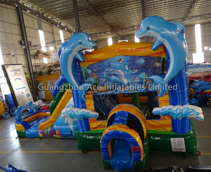 Combo de tobogán inflable para niños con casa de rebote Dolphin Ocean 1