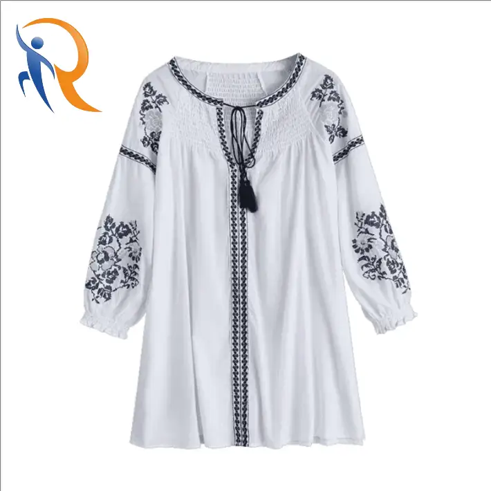 Rayon Fabric Embroidery Smocking Tassel Drawstring Puff Sleeve Fashion Elegent Women Blouse 1