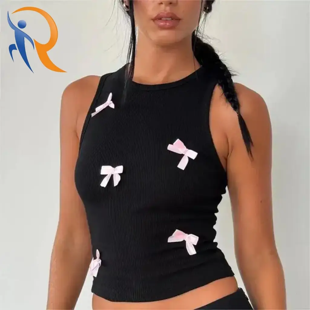 2024 Summer Woman Sleeveless Knitted Ribbed Elasticity Sweet Pink Bowknot Women Tank Crop top 1