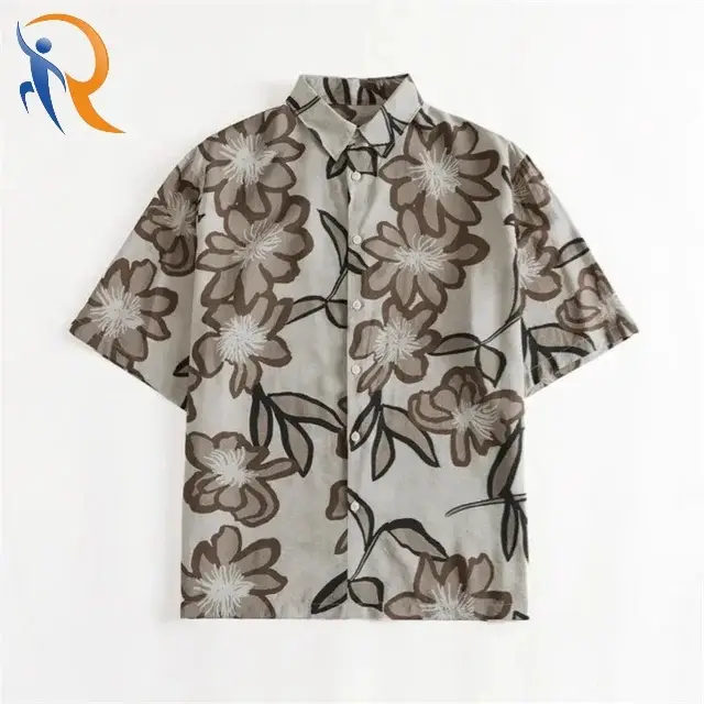 Men's 2024 Summer Flower Print Short Sleeve Loose American Cotton Casual Shirt 1