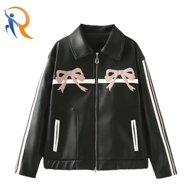 Women 2024 Spring Fashion Sweet Bow Black leather Jacket Coat Vintage Long Sleeve Outerwear 1
