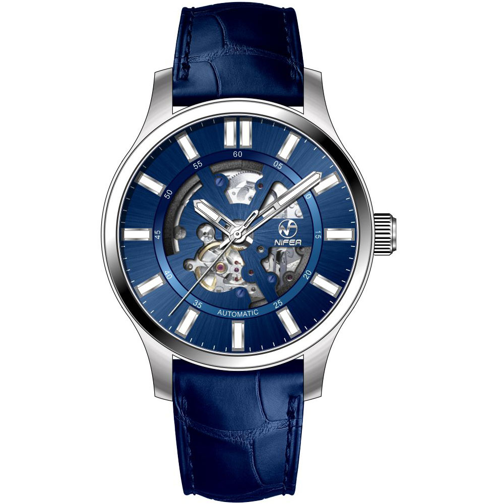 Reloj mecánico automático de negocios con tira de cuero genuino, reloj mecánico de cristal de zafiro clásico hueco para hombre 1