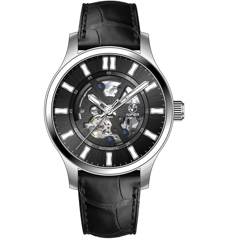 Reloj mecánico automático de negocios con tira de cuero genuino, reloj mecánico de cristal de zafiro clásico hueco para hombre 2