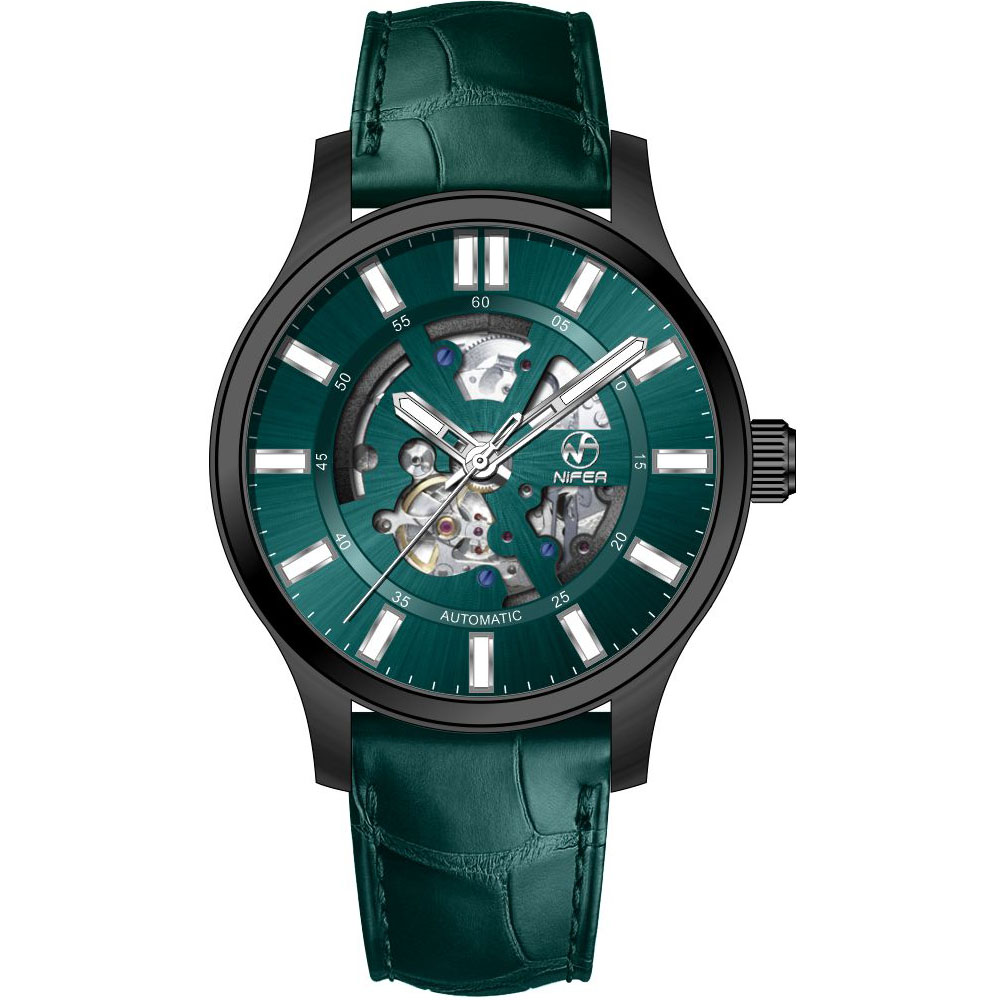 Reloj mecánico automático de negocios con tira de cuero genuino, reloj mecánico de cristal de zafiro clásico hueco para hombre 3