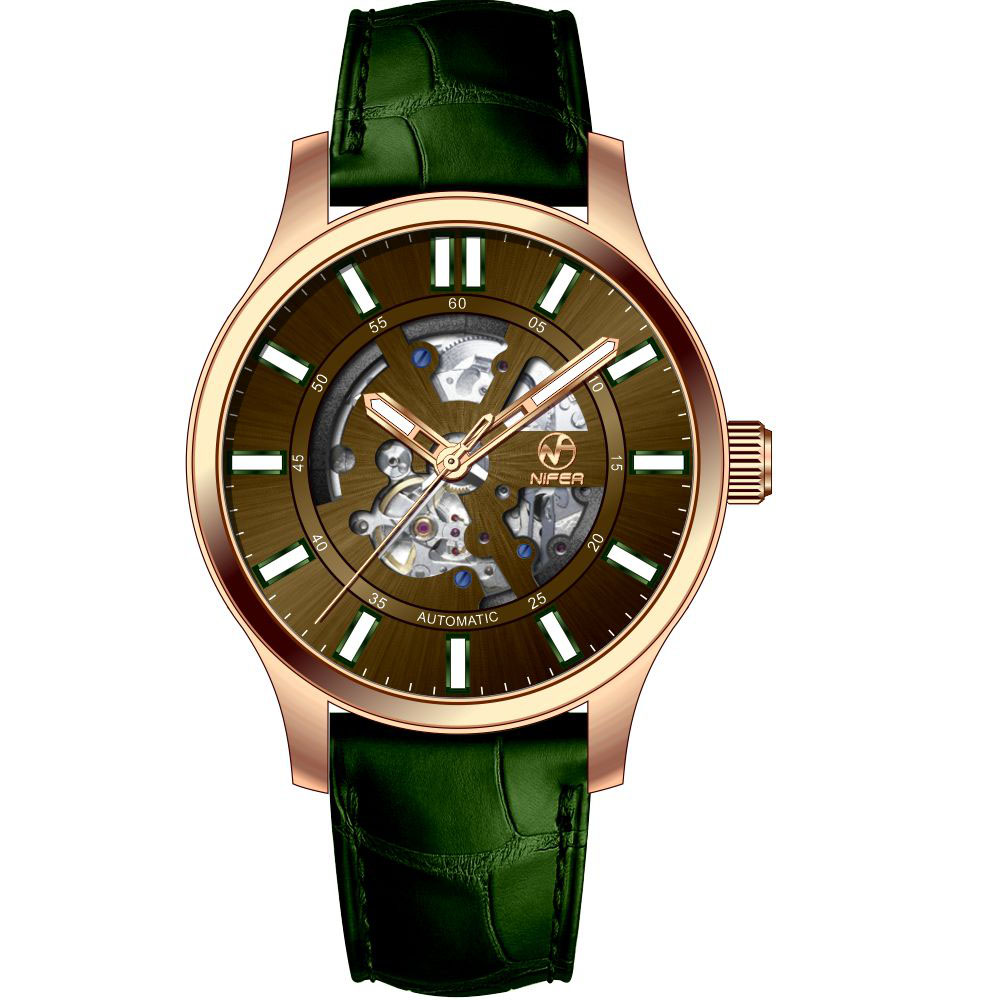 Reloj mecánico automático de negocios con tira de cuero genuino, reloj mecánico de cristal de zafiro clásico hueco para hombre 4
