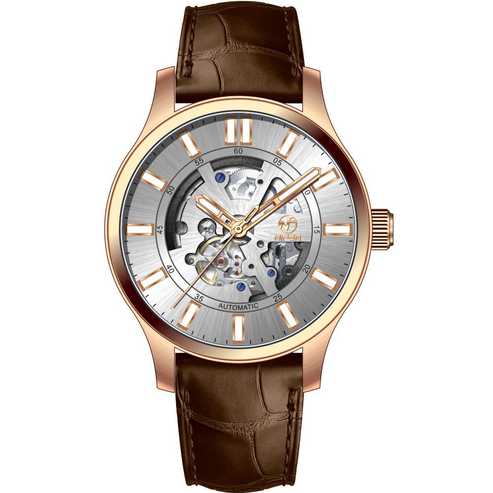 Reloj mecánico automático de negocios con tira de cuero genuino, reloj mecánico de cristal de zafiro clásico hueco para hombre 5