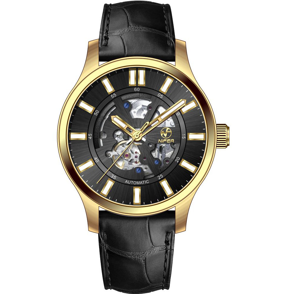 Reloj mecánico automático de negocios con tira de cuero genuino, reloj mecánico de cristal de zafiro clásico hueco para hombre 6