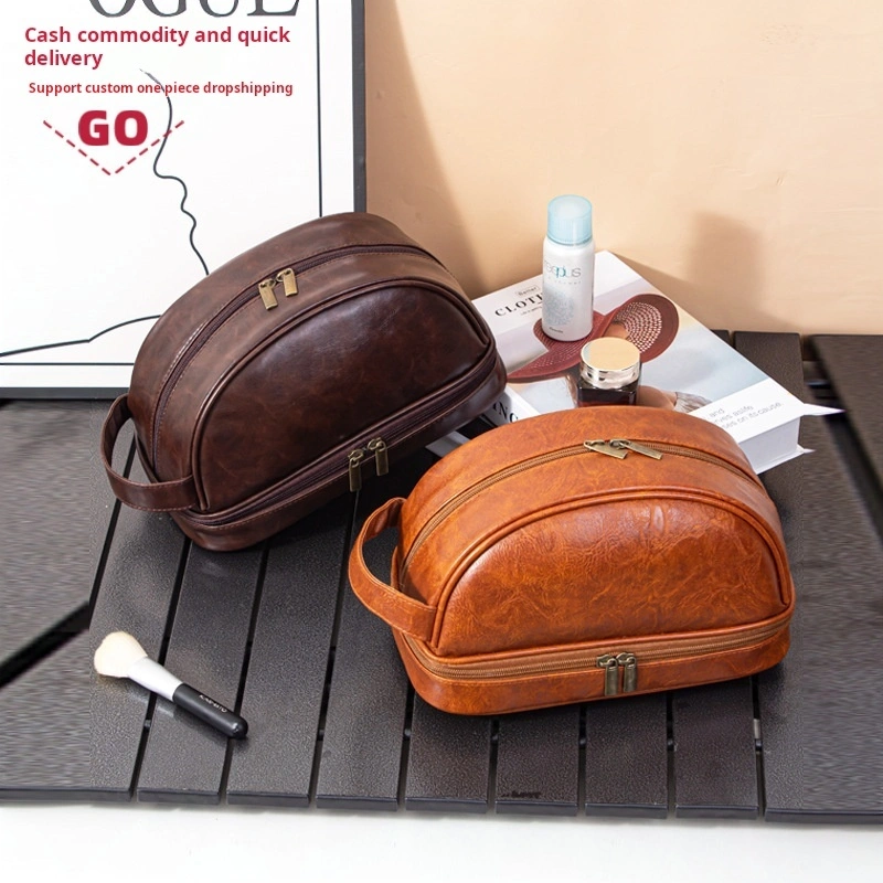 Custom Men travel skincare storage bag PU zipper toiletry bag dry and wet separation makeup pouch 1