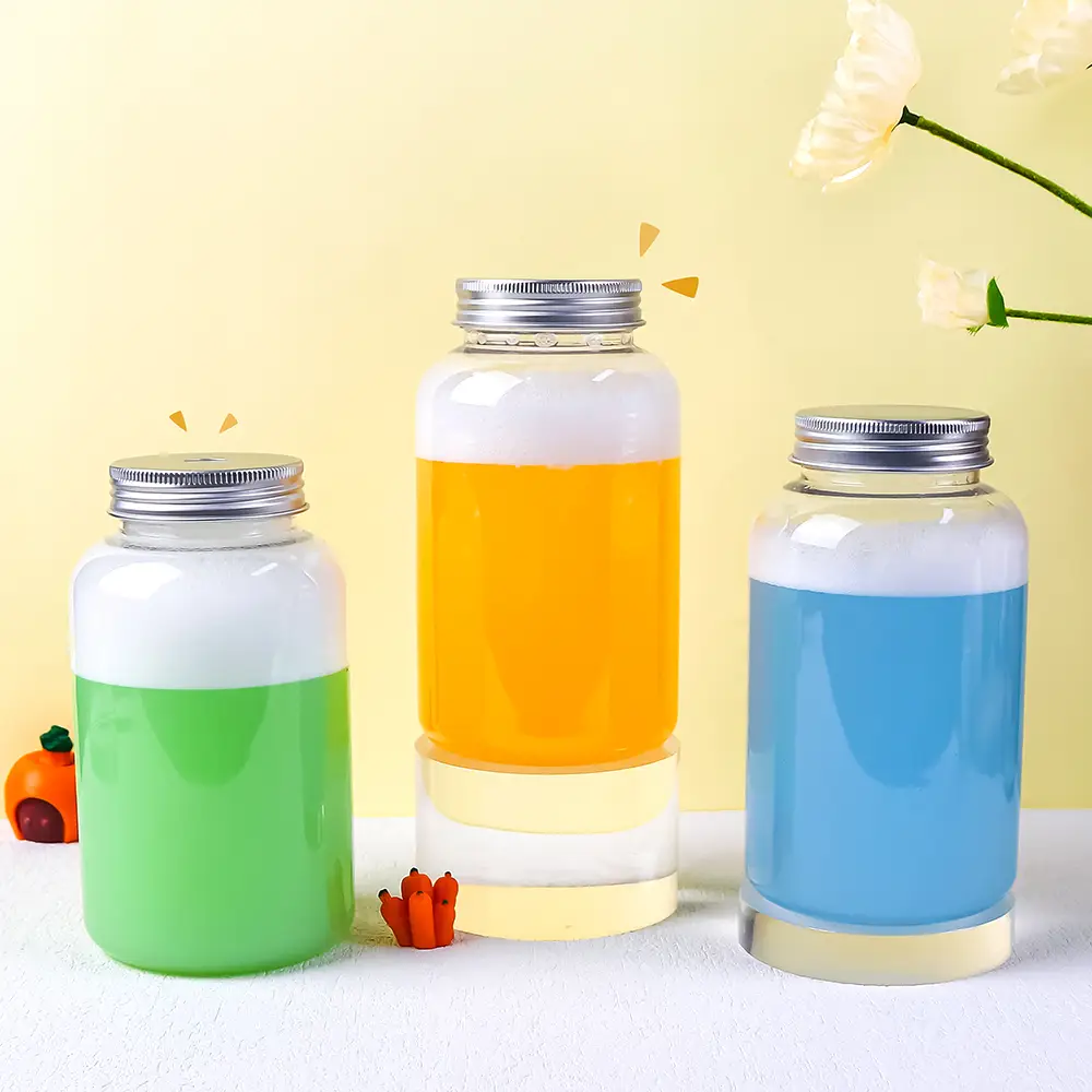 Silver Aluminum Cap Milk Tea Bottle PET Screw Cap High Quality Bottled Takeaway Milk Tea Transparent Food Screen Printing 500ML 1