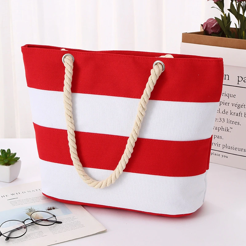 Sommer gestreiften Griff Canvas-Tasche Frauen Mode Reise Einkaufstasche weiblichen lässigen Strand große Einkaufstasche 1