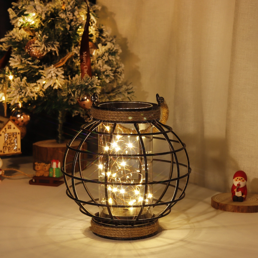 Sort Metal Cage Batteri Bordlampe Hængende Led String Light med Håndtag-3435L 1