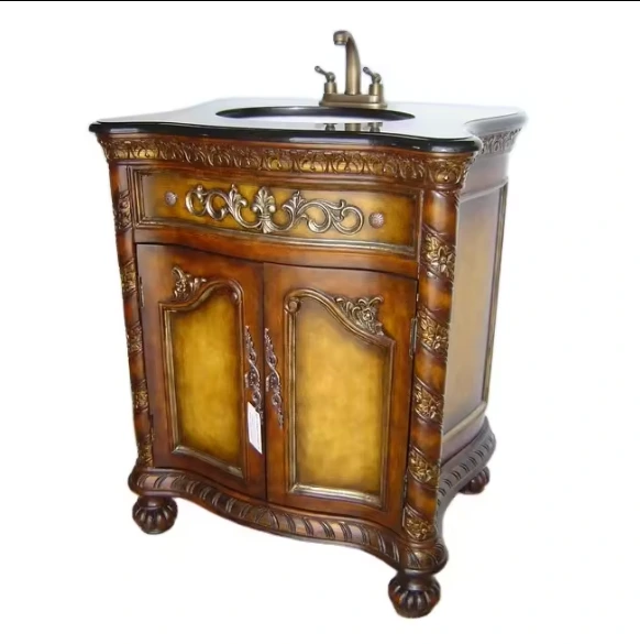 Supernalway Furniture Wholesale Antique Brown High End Solid Wood Furniture French Style Bathroom Vanity 1