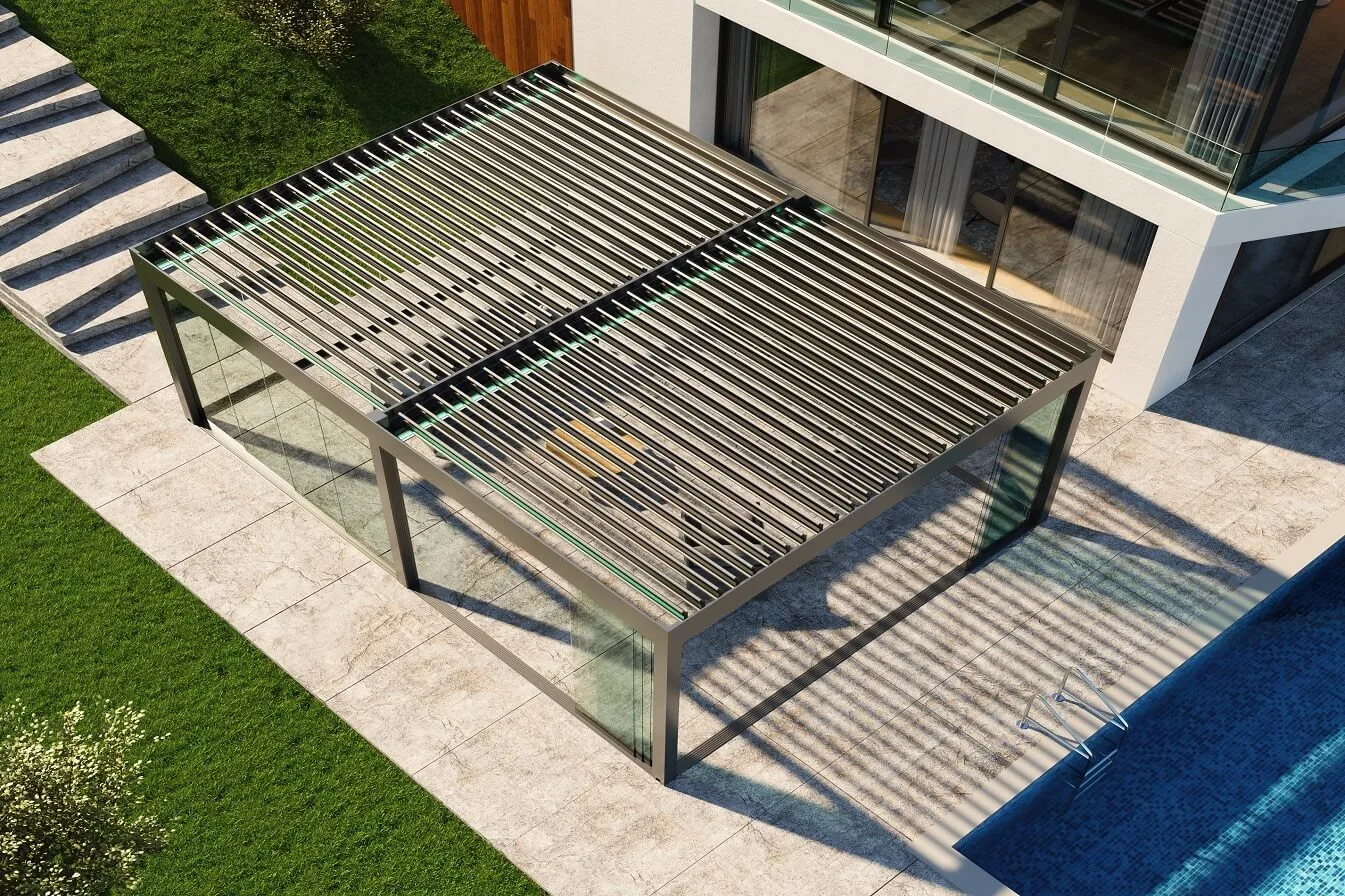 Pergola guarda-sol de alumínio retrátil motorizado inteligente lâmina de ripas autoportante bioclimática Yongdi 1