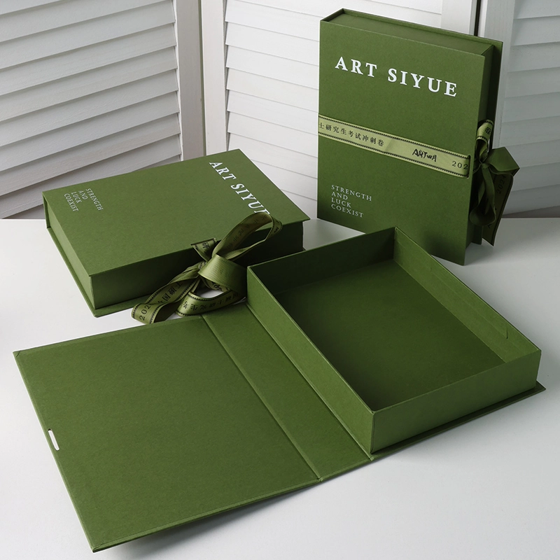 luxury designs custom logo book green paper cardboard gift box packaging with ribbon with best quality 1