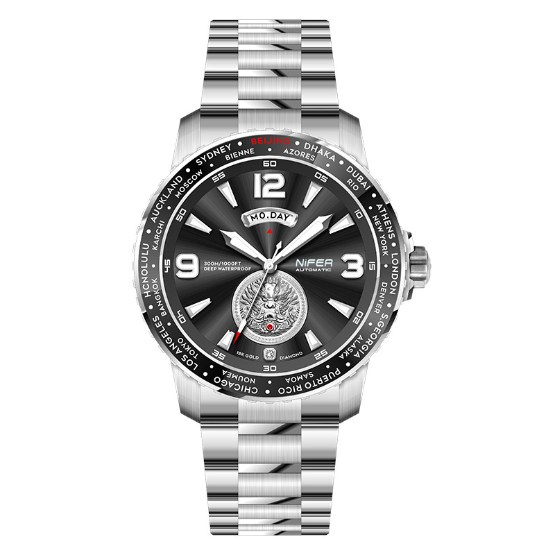 New Mens Stainless Steel Band Ring Mechanical Automatic Chinese Dragon Design Mens Luxury Watch 6