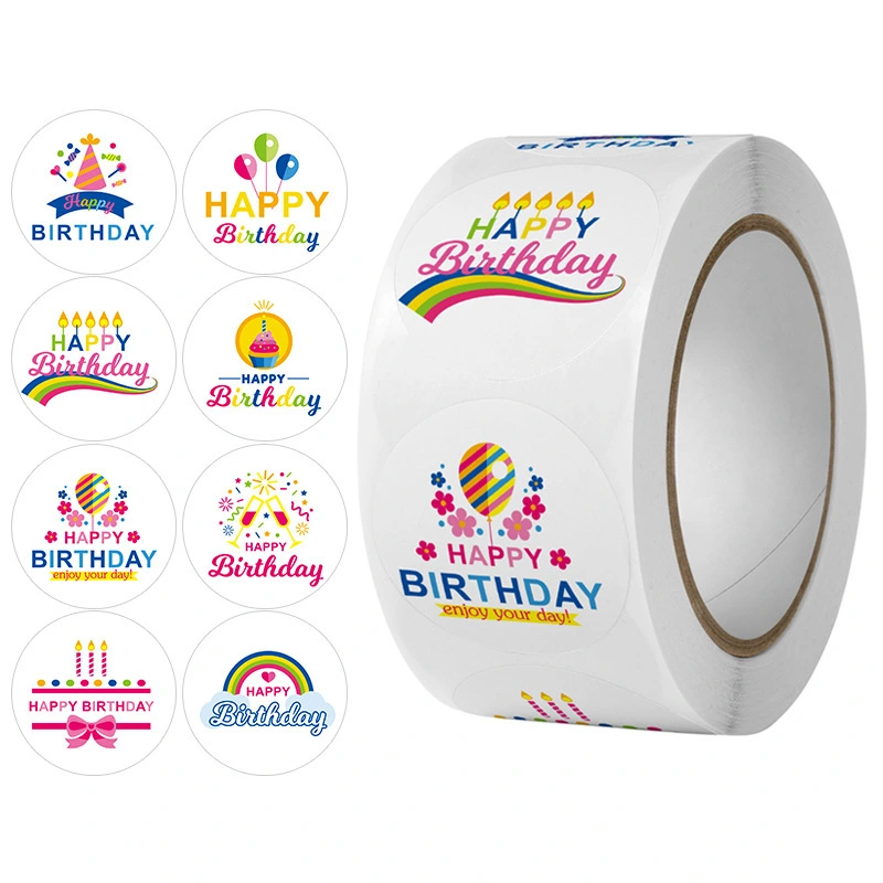 Etiqueta adhesiva redonda del rollo del feliz cumpleaños del vinilo impermeable de la marca de impresión personalizada para el regalo de la comida de la caja 1
