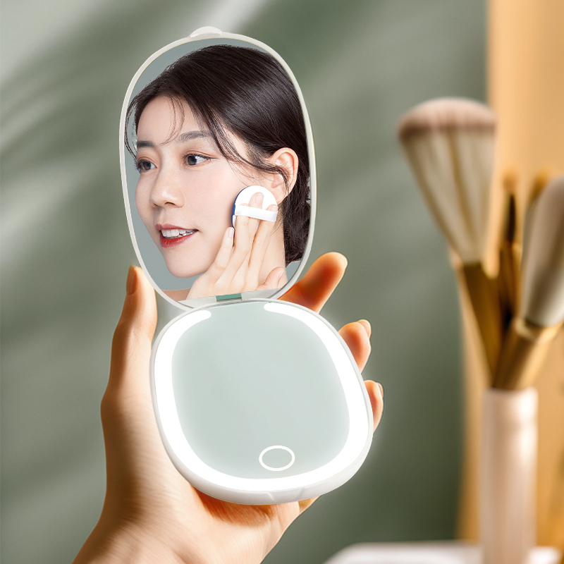 Portable LED Makeup Mirror with Touch Control Stepless Dimming Rechargeable Folding Compact Mirror for Travel 1