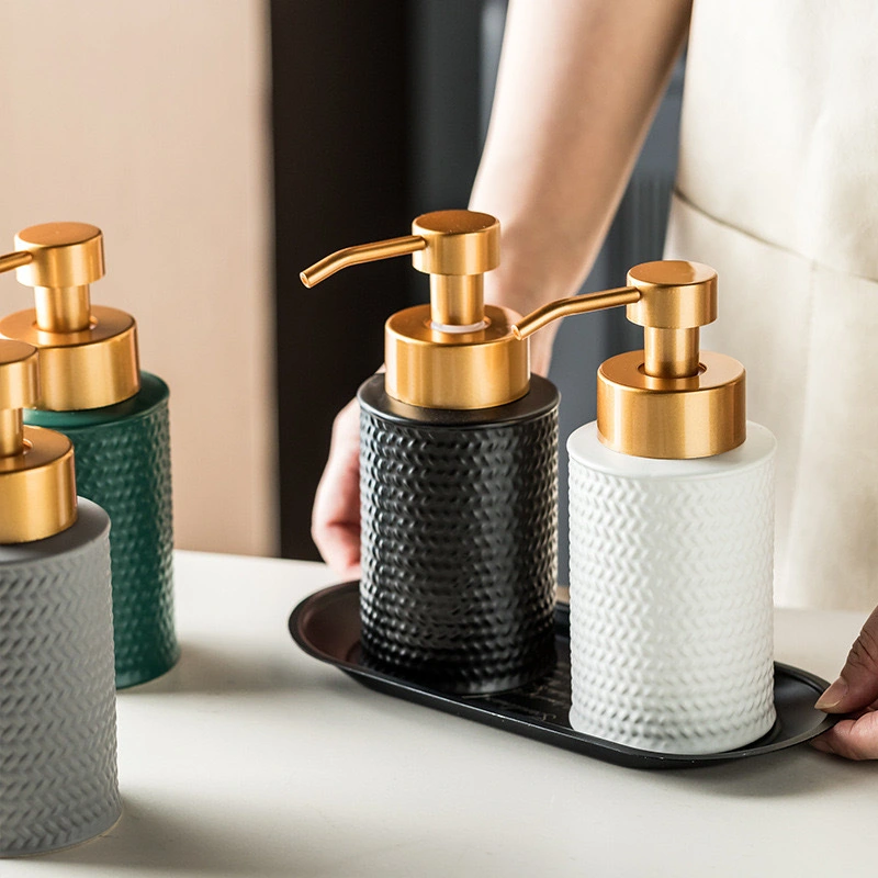 Ceramic Lotion Shampoo Dispenser Woven Pattern Set Gold Pump CE300A 1