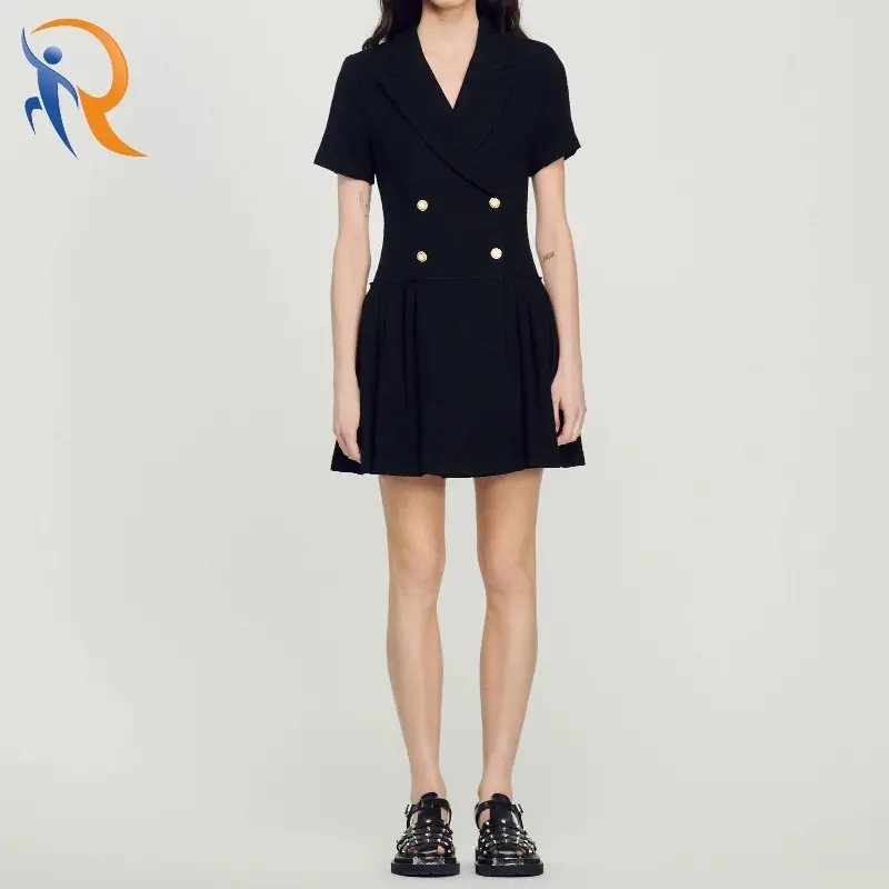 Fashion Double-breasted Pleated Tweed Lapel Coat Mini Dress 1