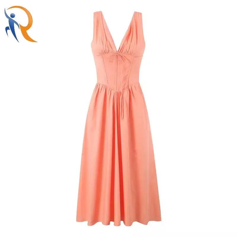 Summer Fashion Deep V Neck Lace Up Solid Pleated Dress 1