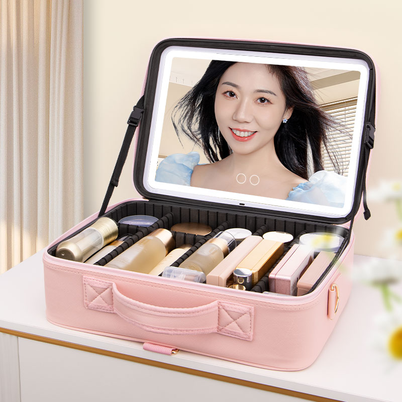 Large Makeup Mirror Storage Case Portable Travel Waterproof Makeup Bag Built-in Rechargeable Battery Dual Shoulder Straps Recessed 1