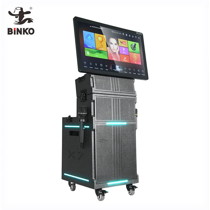 Altavoz de karaoke con Wifi, carrito portátil de lujo de 12 pulgadas, pantalla de karaoke ktv para hogar inteligente, altavoz wifi con dientes azules y altavoces para cantar con pantalla LCD de 25 pulgadas Binko X7 1