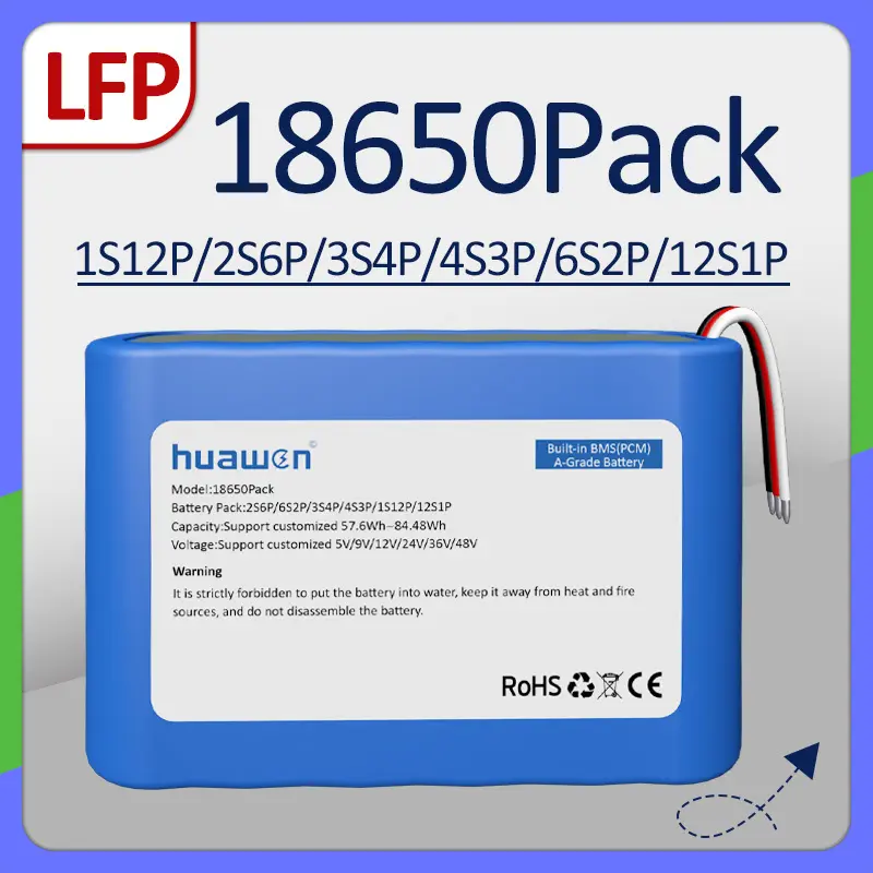 حزمة بطارية أسطوانية 1S12P / 2S6P / 3S4P / 4S3P / 6S2P / 12S1P 3.2V 18650 LiFePO4 مع حل BMS 1
