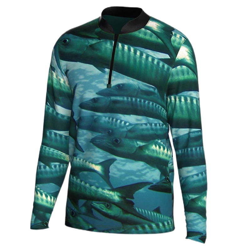 Modèle de poisson vert chemise de pêche à la fermeture à glissière à manches longues unisexe 1