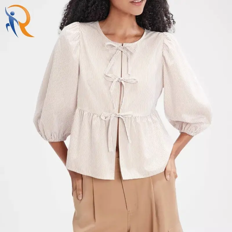 Round Neck 3/4 Sleeve Tie-Front Stripe Pattern Blouse 1