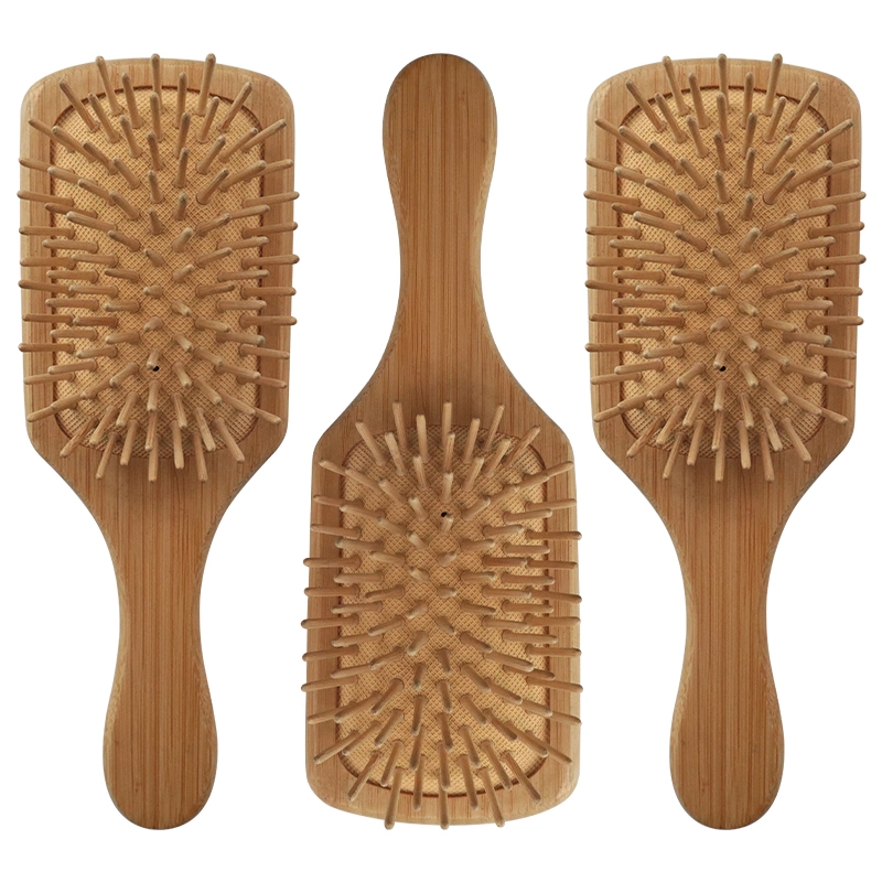 Eco-friendly bamboo wood detangler hair brush Private label natural rubber cushion paddle wooden hair comb for Sale 1