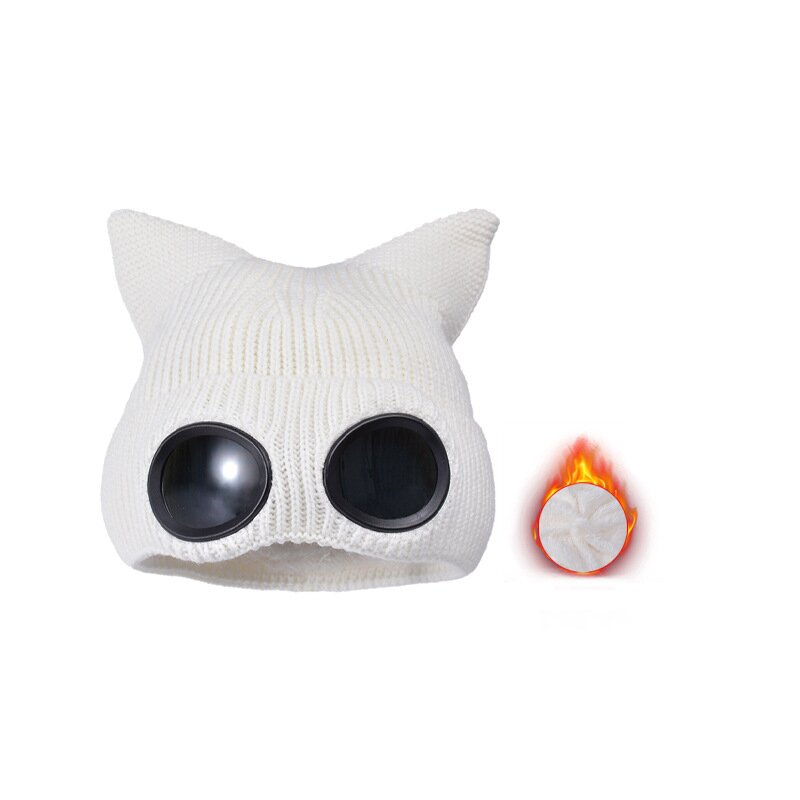 White cat ear knit hat with round dark lenses and a small lining detail inset.