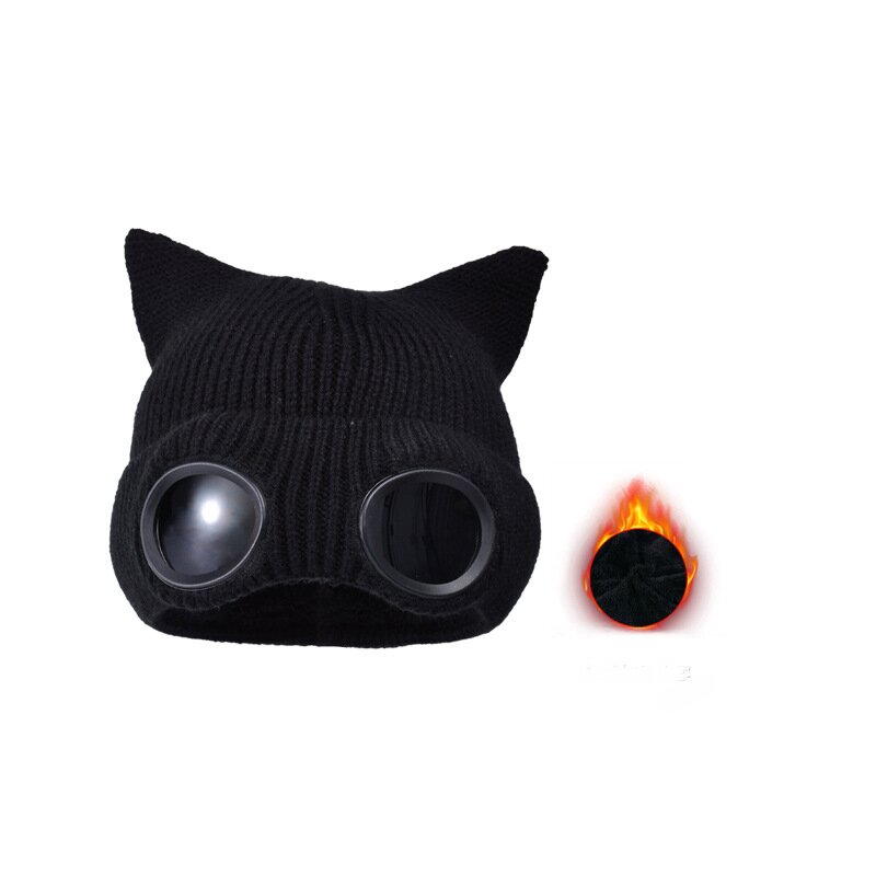 Black cat ear knit hat with round dark lenses and a small lining detail inset.