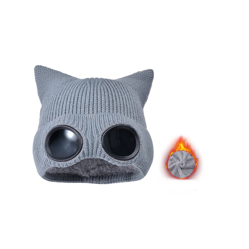 Gray cat ear knit hat with round dark lenses and a small lining detail inset.