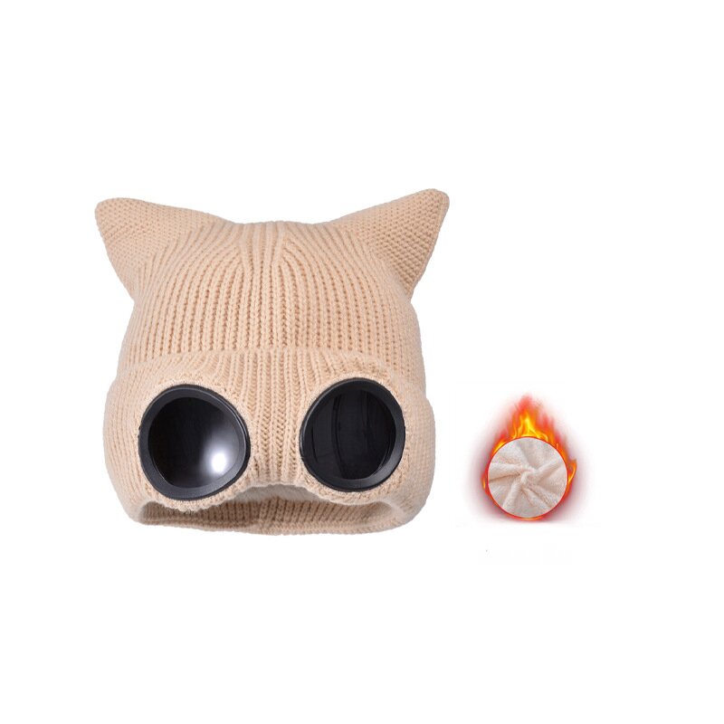 Beige cat ear knit hat with round dark lenses and a small lining detail inset.