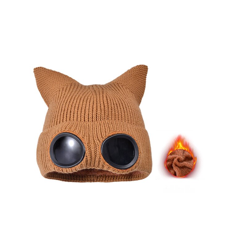 Brown cat ear knit hat with round dark lenses and a small lining detail inset.