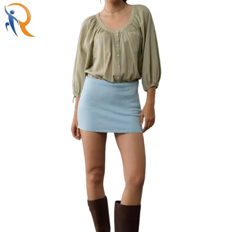 Round Neck 3/4 Puff Sleeve Bow Pleated Top 1