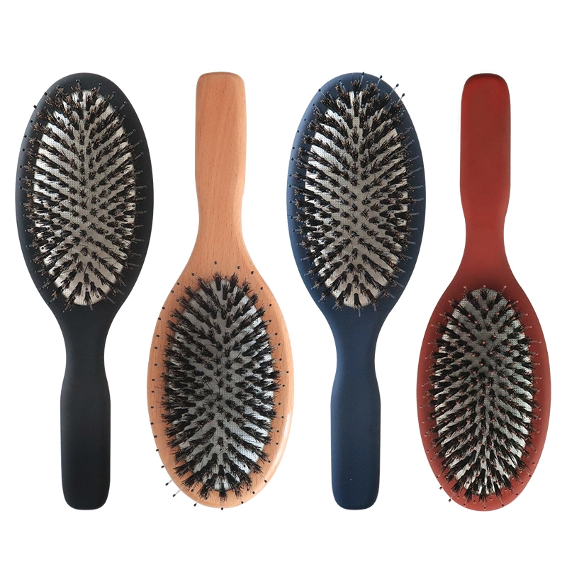 Wholesale natural wooden and plastic handle 100% soft boar bristle hair brush for thick hair 1