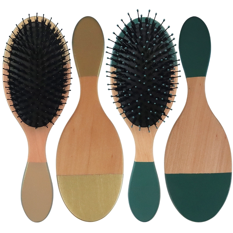 Customized logo cushion hair brush double color boar bristle and nylon needle wooden hair brush 1