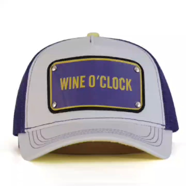 Slideshow of slogan trucker hats in different colors, followed by an angled view and details of the mesh back, snap closure and interior band.
