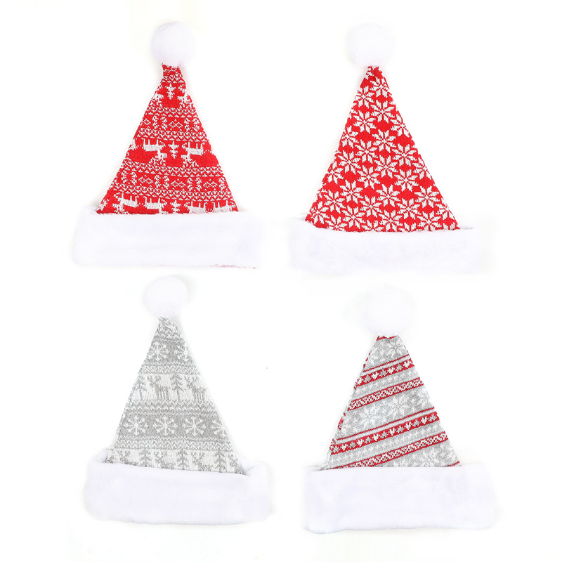 Four Christmas hat designs laid flat, showing red and grey patterns, white cuffs and pom-poms.