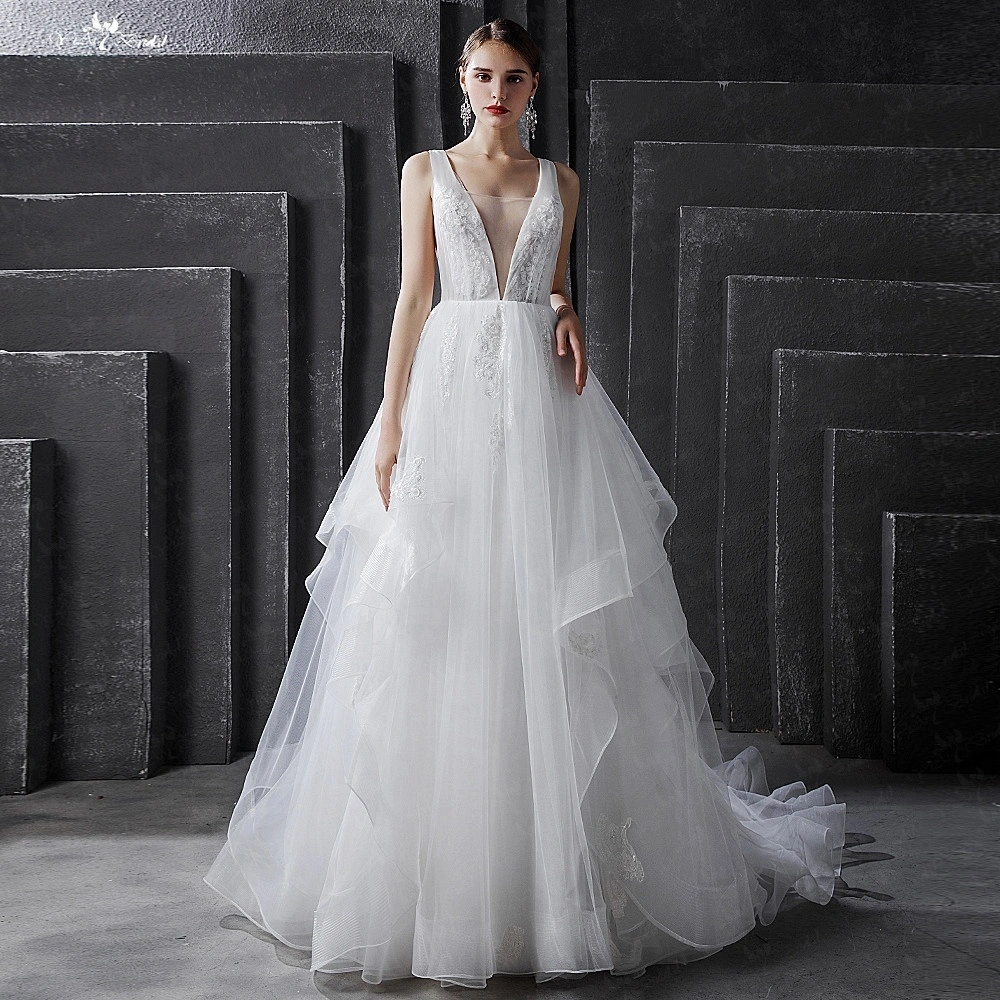 Illusion V Neckline Sleeveless Tulle Ruffles Bridal Gown 1