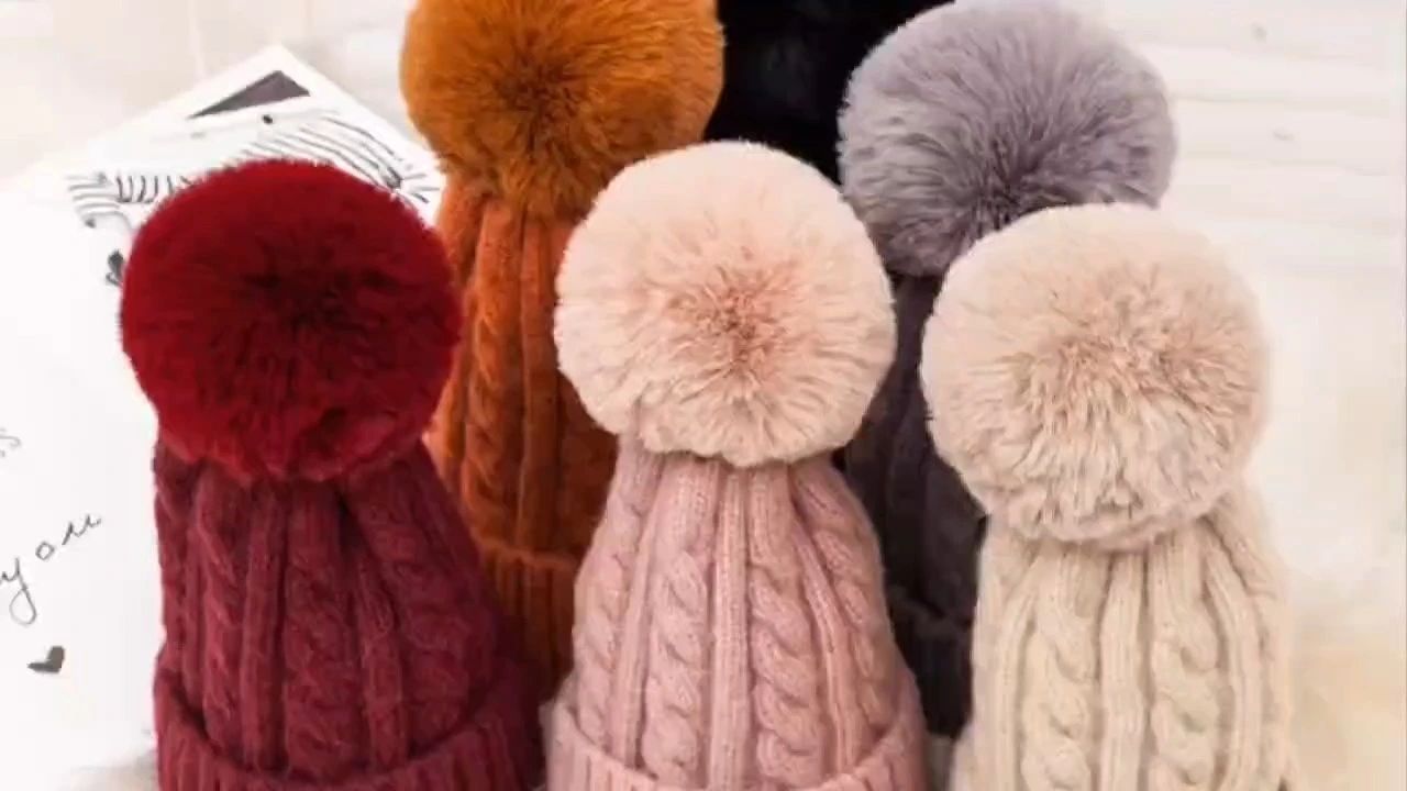 Women's Knitted Wool Ball Pom Pom Hat for Autumn and Winter 1