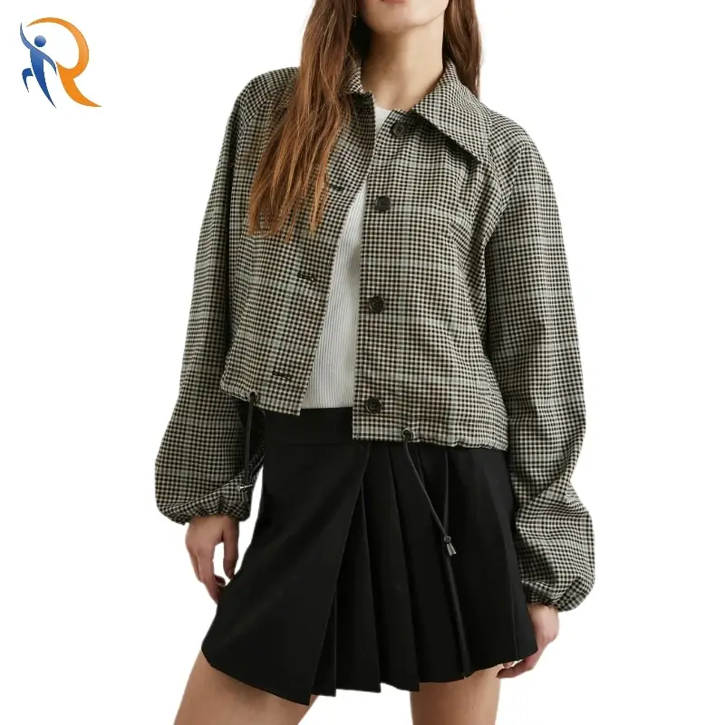 Turn-down Button Placket Collar Plaid Jacket 1
